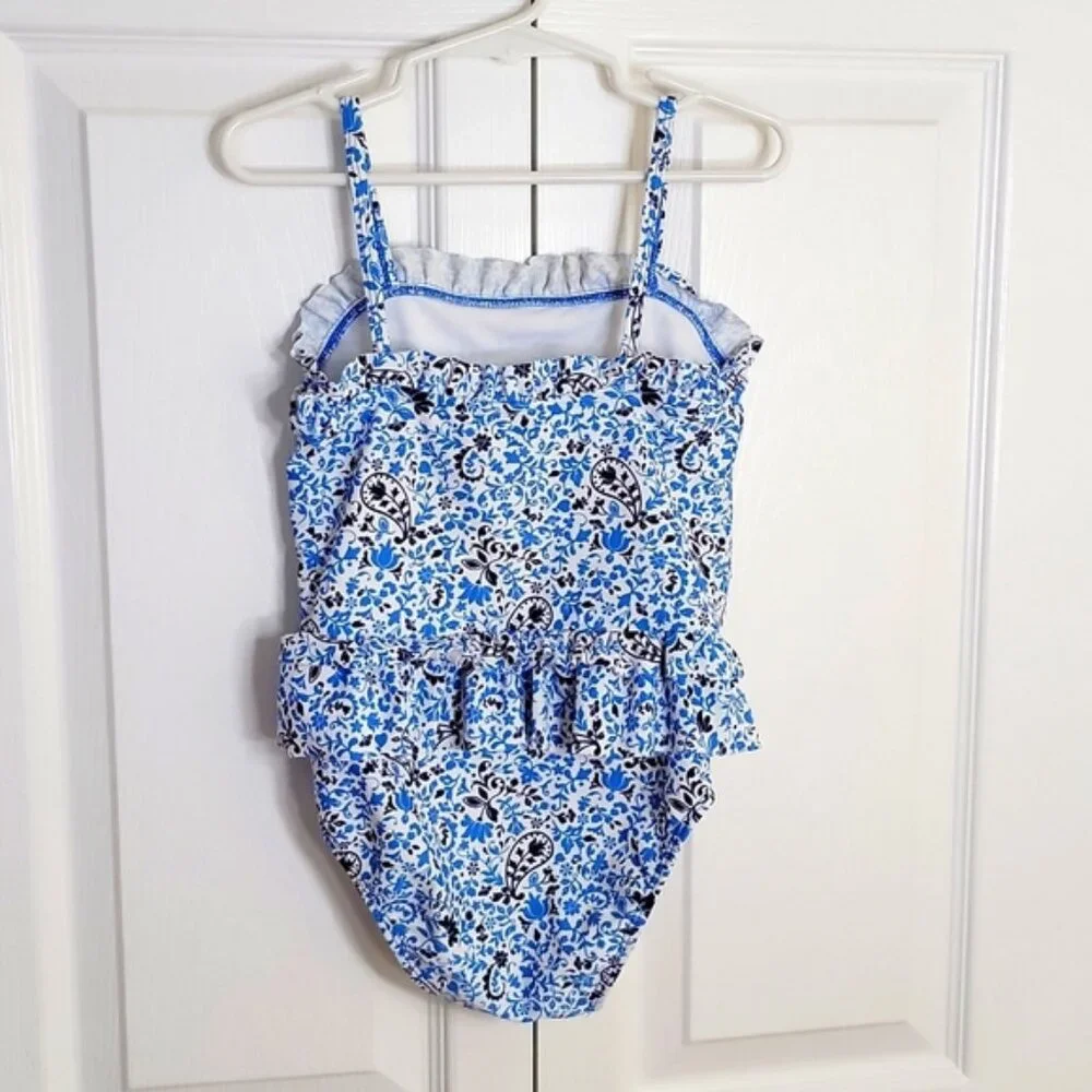 Circo Girls One Piece Swimsuit Paisley Floral Ruffle Top Blue White Size 5T